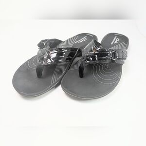 Clarks Breeze Reyna Thong Slip On Black Patent Sandal Womens Size 9 Shoe